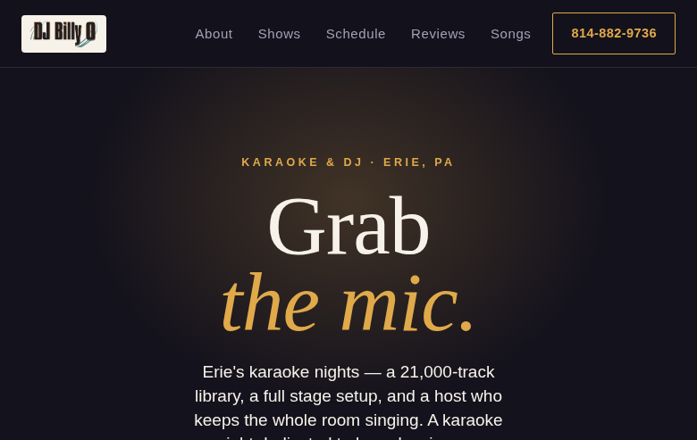 Screenshot of djbillyo.com — karaoke and DJ site built by Dzine Systems